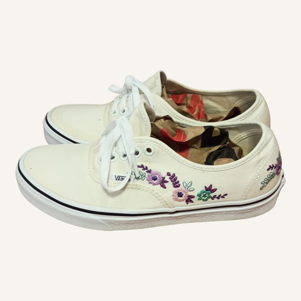 Vans Cream Canvas Low-Top Sneakers with Purple & Green Floral Embroidery - Picture 3 of 9